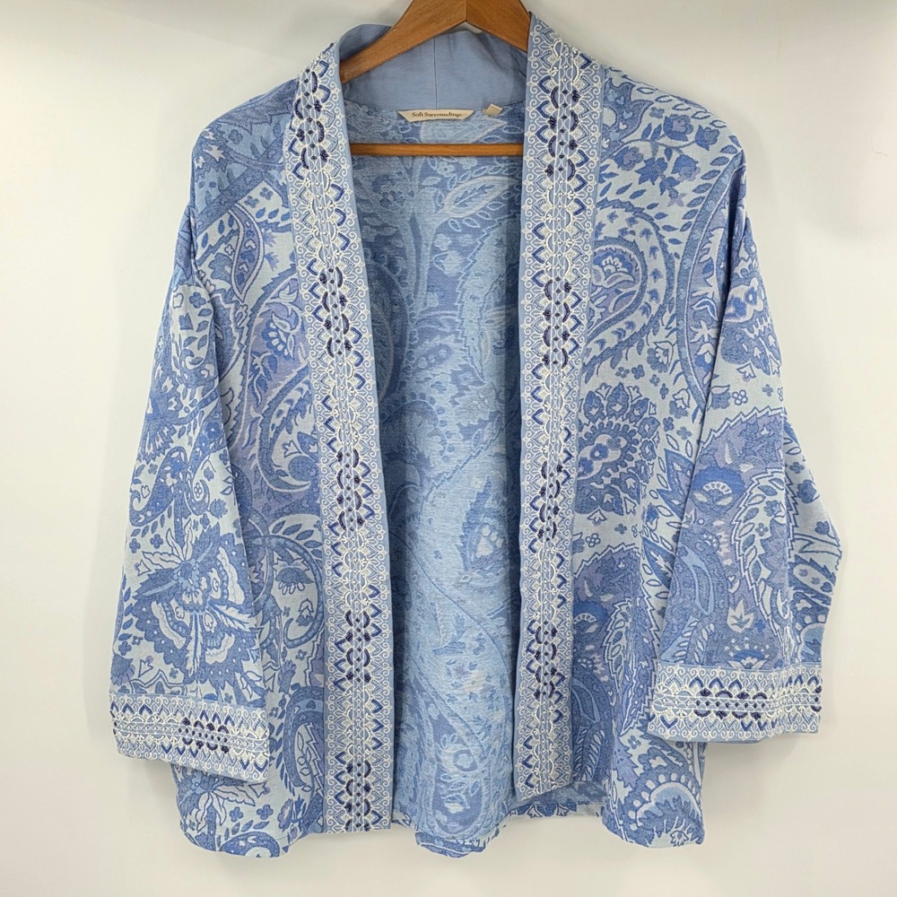 Soft Surroundings Blue Paisley Beaded Open Front Cardigan Jacket 2FU28 Large